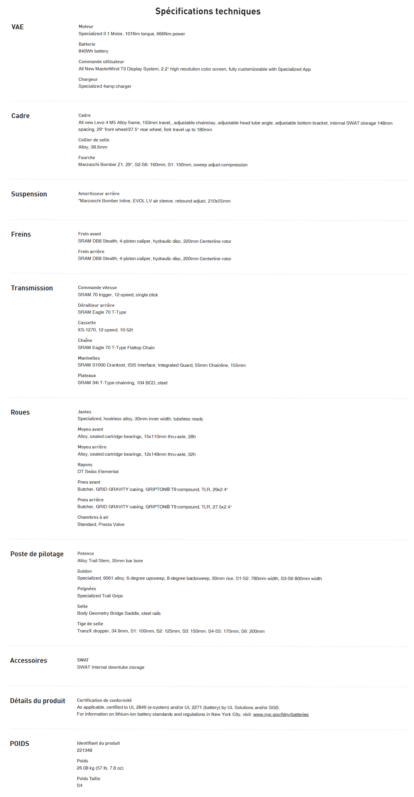 Caracteristique technique du Vélo électrique Turbo Levo 4 Alloy année 2025